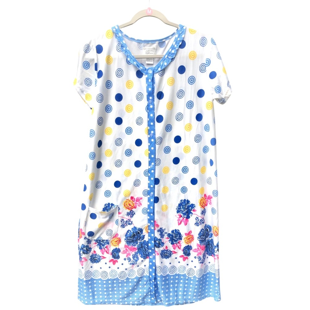Lati Fashion Blue Geometric Button-Down Floral Nightgown House Dress (M)